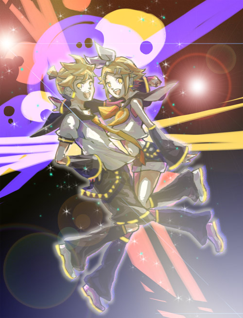 nou (pixiv), qqpp (dob), kagamine len, kagamine rin, vocaloid, bad id, bad pixiv id, 1boy, 1girl, blonde hair, brother and sister, navel, siblings, twins, yellow eyes
