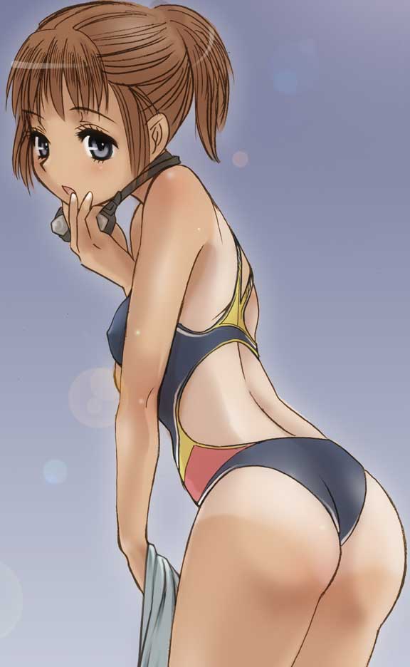 cloritin, final fantasy, final fantasy xi, original, 00s, 1girl, ass, competition swimsuit, female focus, from side, goggles, goggles around neck, hume, looking at viewer, one-piece swimsuit, one-piece tan, solo, swimsuit, tan, tanline