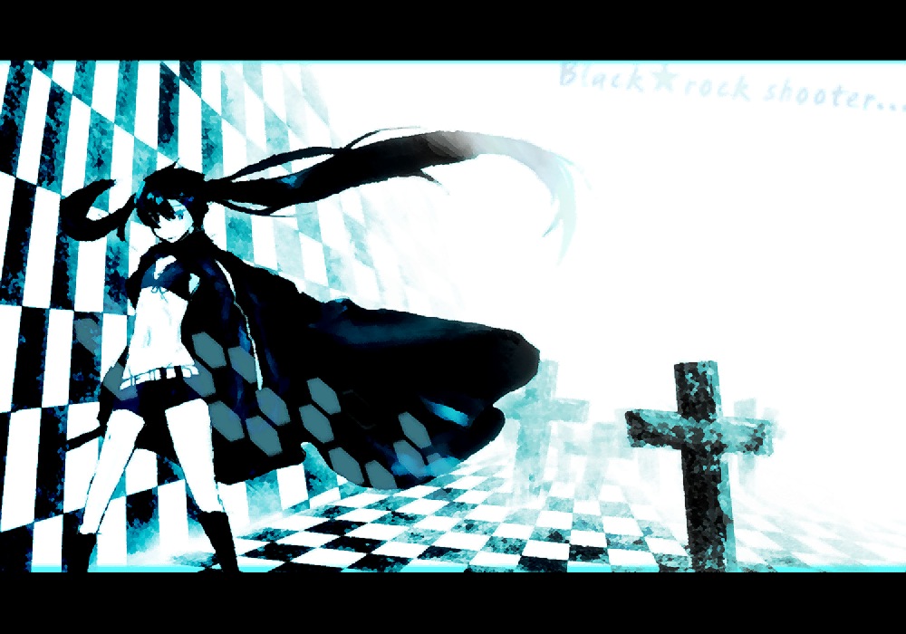hoshino gyo, hoshino gyo (pixiv), black rock shooter (character), hatsune miku, black rock shooter, vocaloid, bad id, bad pixiv id, 10s, 1girl, aqua eyes, aqua theme, belt, bikini, bikini top only, black hair, blue eyes, boots, checkered floor, coat, cross, female focus, flat chest, front-tie top, gloves, glowing, glowing eyes, hood, hooded jacket, jacket, katana, knee boots, latin cross, long hair, midriff, monochrome, navel, pale skin, short shorts, shorts, solo, star (symbol), swimsuit, sword, twintails, uneven twintails, very long hair, weapon, wind