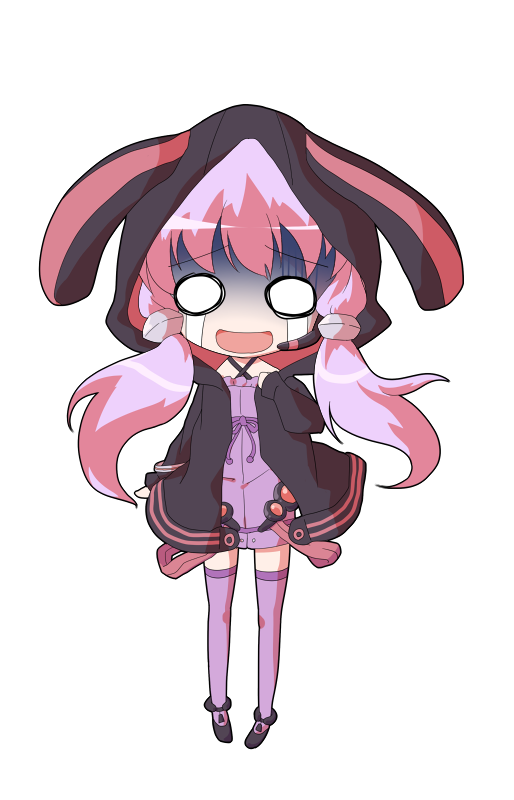 dairi, yuzuki yukari, voiceroid, commentary request, large variant set, variant set, 1girl, :d, animal ear hood, animal ears, black boots, black jacket, boots, deformed, dress, fake animal ears, flat chest, full body, gloom (expression), hair tubes, hand up, hood, hood up, hooded jacket, jacket, long hair, long sleeves, looking at viewer, microdress, o o, open clothes, open jacket, open mouth, pink hair, purple dress, purple thighhighs, rabbit ears, shaded face, simple background, smile, solo, standing, straight-on, tachi-e, thighhighs, transparent background, zettai ryouiki