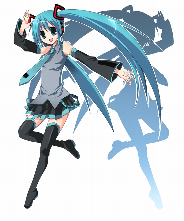 soranagi reno, hatsune miku, vocaloid, bad id, bad pixiv id, boots, detached sleeves, green eyes, green hair, headphones, necktie, shadow, skirt, solo, thigh boots, thighhighs, twintails, zettai ryouiki
