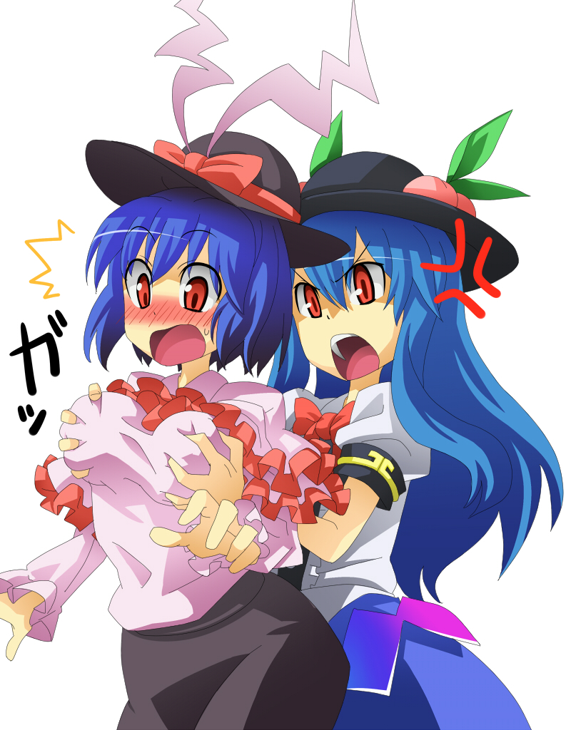 squemezzo, hinanawi tenshi, nagae iku, touhou, 2girls, ^^^, annoyed, blue hair, blush, bow, bowtie, breast envy, breasts, embarrassed, female focus, food, frills, fruit, grabbing another's breast, groping, hat, hat bow, hat ribbon, large breasts, long hair, looking down, multiple girls, nose blush, open mouth, peach, red eyes, ribbon, shirt, simple background, skindentation, skirt, standing, surprised, taut clothes, taut shirt, tongue, white background