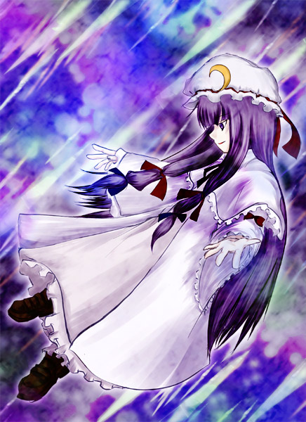 sunaya yanokura, sunaya yanokura (pixiv), patchouli knowledge, touhou, bad id, bad pixiv id, 1girl, female focus, flouncing, purple hair, solo