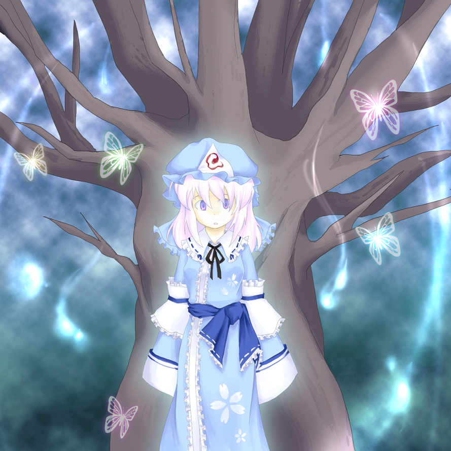 bow (pixiv), saigyou ayakashi, saigyouji yuyuko, touhou, eyebrows, 1girl, alternate hair color, bare tree, black ribbon, blue dress, blue hat, blue ribbon, bug, butterfly, collar, dress, female focus, floral print, frilled kimono, frilled shirt collar, frilled sleeves, frills, hat, hitodama, insect, japanese clothes, kimono, long sleeves, mob cap, nature, neck ribbon, obi, plant, purple eyes, ribbon, ribbon-trimmed collar, ribbon trim, sash, short hair, sleeves past wrists, solo, tree, triangular headpiece, white collar, white hair, wide sleeves