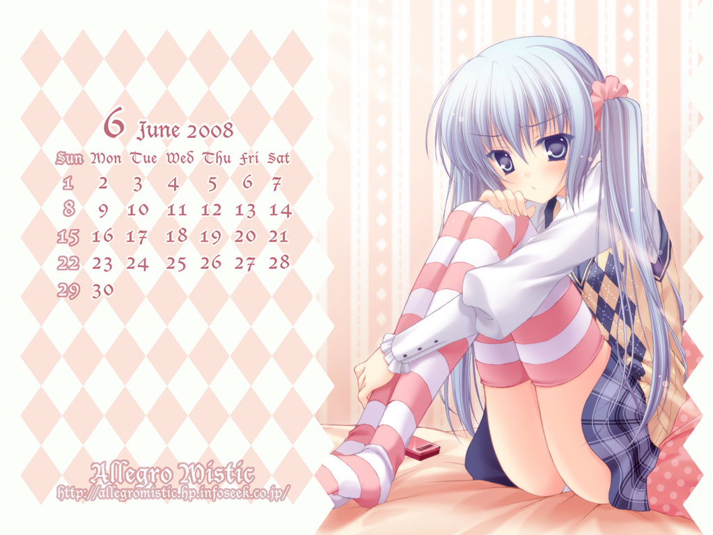 takano yuki (allegro mistic), original, argyle background, argyle clothes, argyle sweater vest, blue eyes, blue hair, blush, calendar, frilled sleeves, frills, hugging own legs, long hair, long sleeves, panties, pantyshot, plaid clothes, plaid skirt, scrunchie, shirt, sitting, skirt, solo, striped background, striped clothes, striped thighhighs, sweater vest, thighhighs, twintails, underwear, vertical stripes, vest, white shirt