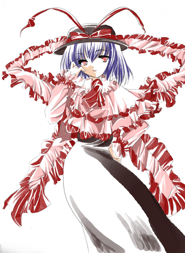 ruri-a, nagae iku, touhou, 1girl, blue hair, female focus, hat, red eyes, solo, standing, white background