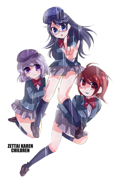 soidesu (pixiv), soudesu (pixiv), akashi kaoru, nogami aoi, sannomiya shiho, zettai karen children, hand on thigh, 00s, 3girls, :o, blazer, blue eyes, blue hair, bow, copyright name, flying, glasses, hand on another's thigh, hat, jacket, kneehighs, loafers, multiple girls, purple eyes, purple hair, red eyes, red hair, shoes, simple background, skirt, smile, socks, white background