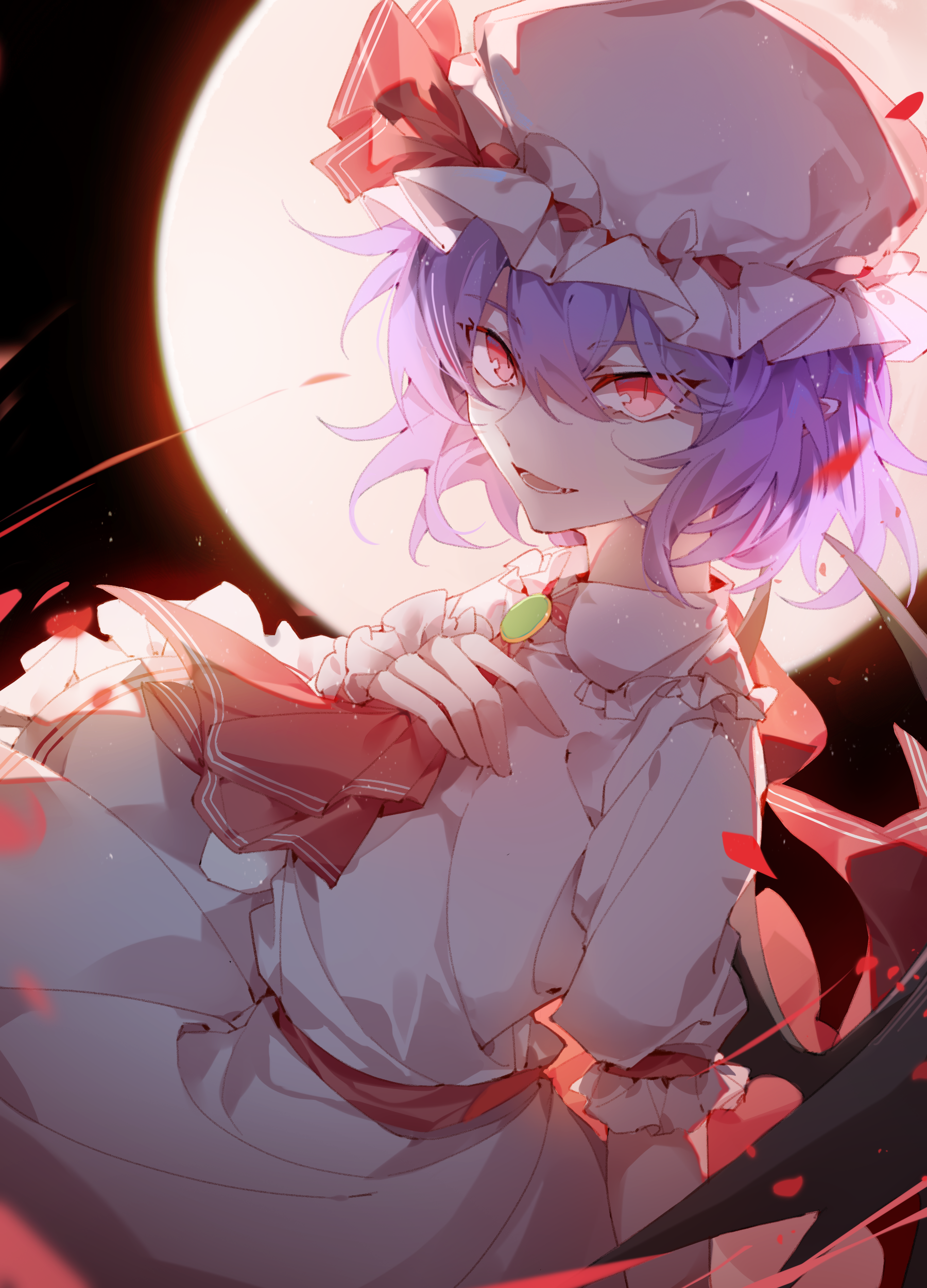 jubctybn, remilia scarlet, touhou, absurdres, commentary request, highres, mixed-language commentary, 1girl, ascot, backlighting, bat wings, black background, collared shirt, cowboy shot, frilled shirt collar, frills, full moon, green brooch, hand on own chest, hat, hat ribbon, light particles, light smile, looking at viewer, mob cap, moon, open mouth, pink hat, pink shirt, pink skirt, pointy ears, purple hair, red ascot, red eyes, red moon, red ribbon, red sash, ribbon, sash, shirt, skirt, slit pupils, solo, wings