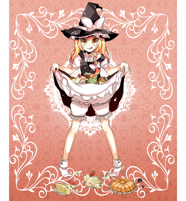 soidesu (pixiv), soudesu (pixiv), kirisame marisa, touhou, 1girl, blonde hair, bloomers, clothes lift, female focus, full body, hat, skirt, skirt lift, solo, underwear, white bloomers, witch, witch hat