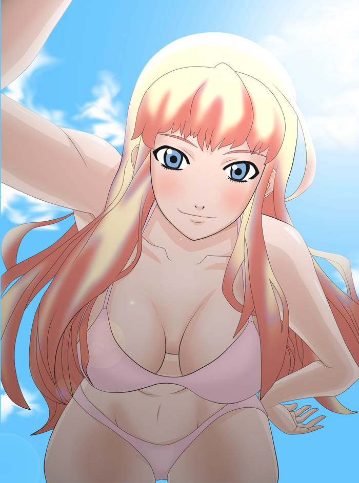 hiiragi shin, sheryl nome, macross, macross frontier, bad id, bad pixiv id, 00s, 1girl, bent over, bikini, blonde hair, blue eyes, blush, breasts, cleavage, day, female focus, large breasts, pink bikini, pink hair, solo, swimsuit