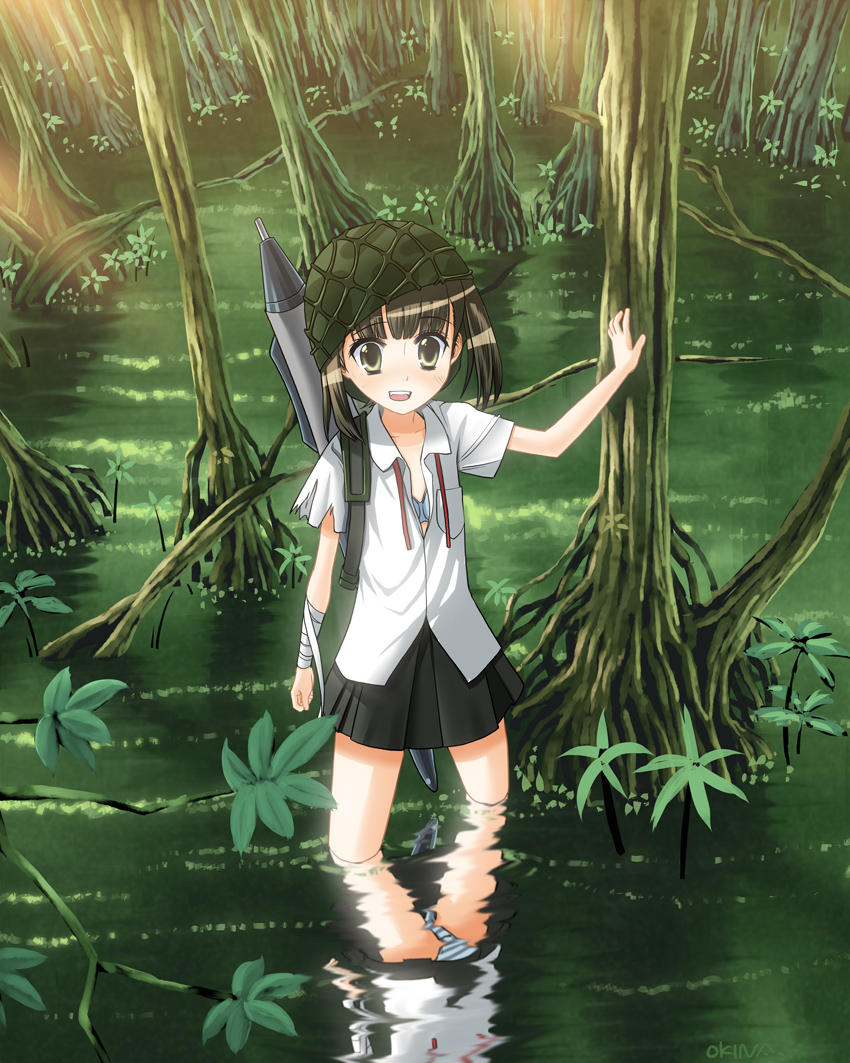 okina ika, original, 1girl, against tree, bandages, brown eyes, brown hair, female focus, helmet, nature, open mouth, panties, pantyshot, reflection, reflective water, skirt, solo, striped clothes, striped panties, tree, twintails, underwear, upskirt, wading, water, weapon, wetland