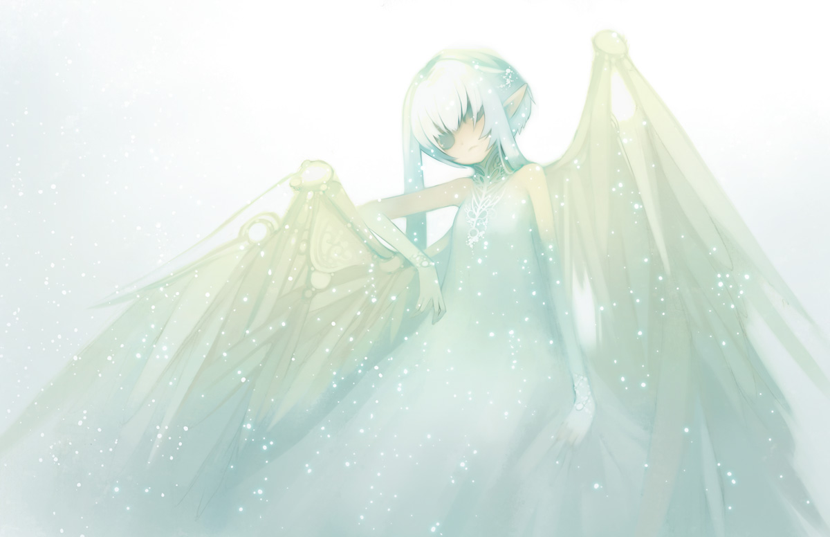 puti devil, original, 1girl, angel, blue eyes, female focus, pointy ears, solo, white hair, wings