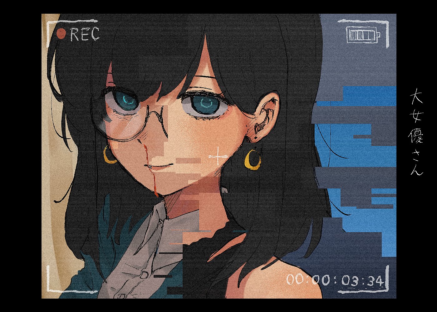 iyowa girls, 1girl, battery indicator, black border, black hair, blood, blue eyes, blue jacket, border, closed mouth, collared shirt, crescent, crescent earrings, daijoyuu-san (synthesizer v), dress shirt, earrings, film grain, floating earrings, glasses, hakobune (nahhkbn), jacket, jewelry, lipstick, long hair, looking at viewer, makeup, nosebleed, portrait, recording, shirt, single bare shoulder, smile, song name, split theme, time paradox, timestamp, viewfinder, white shirt, yuu (iyowa)