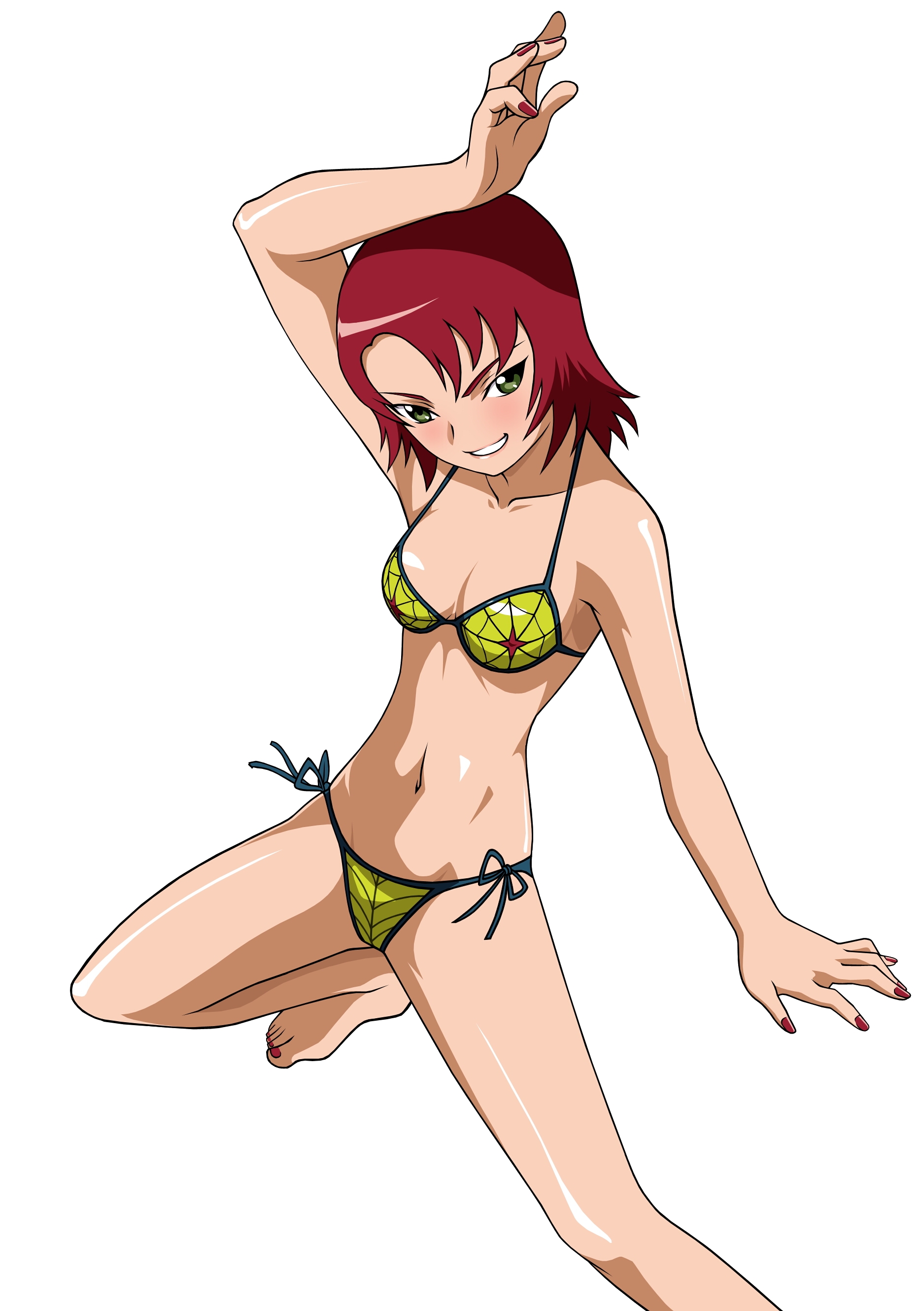 hisayuki hirokazu, juliet nao zhang, my-otome, absurdres, derivative work, highres, non-web source, vector trace, 00s, 1girl, barefoot, bikini, feet, female focus, fighting stance, green eyes, nail polish, red hair, red nails, solo, spider web print, swimsuit