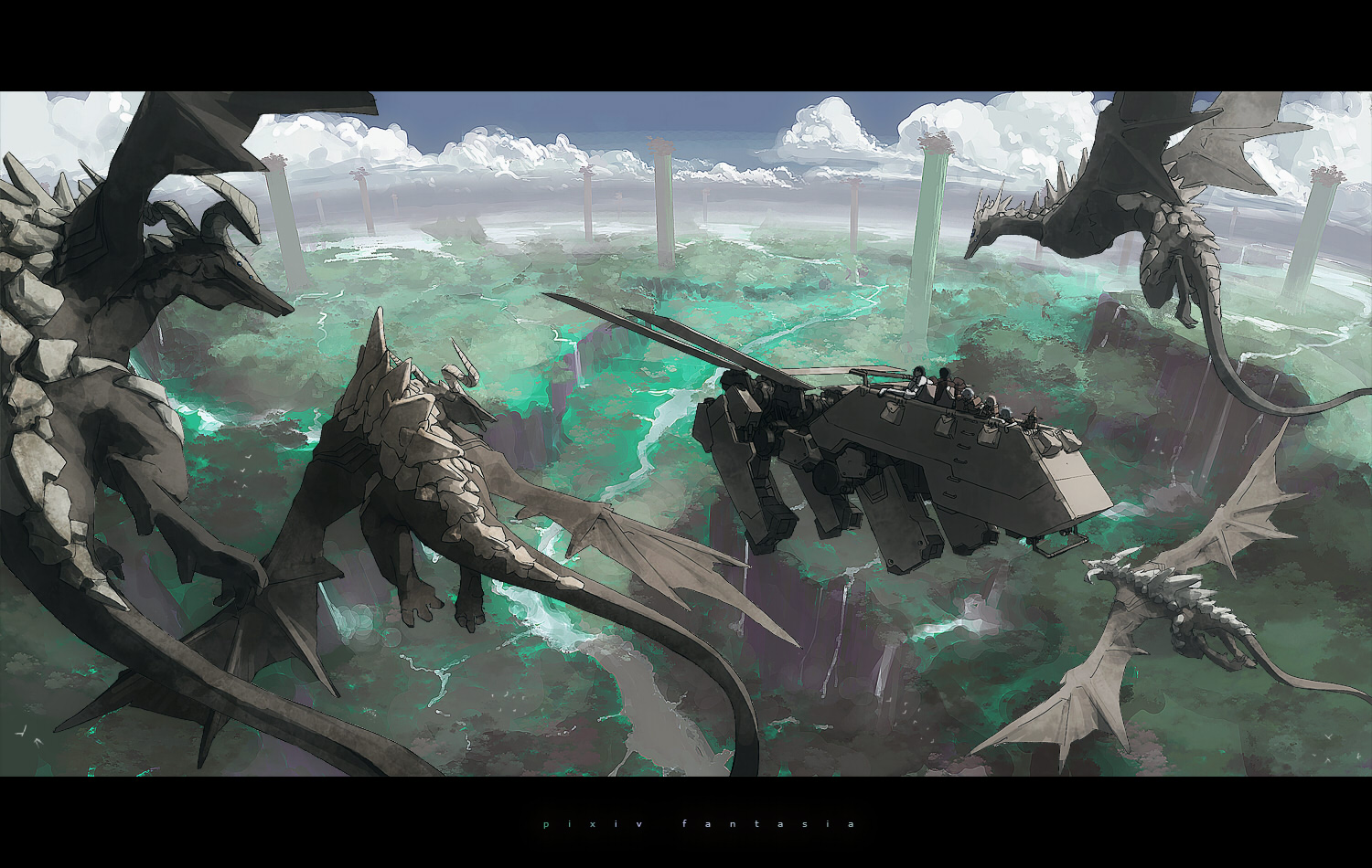 tsukuba masahiro, pixiv fantasia, pixiv fantasia 1, panorama, cloud, dragon, flying, landscape, letterboxed, nature, river, scenery, sky, water