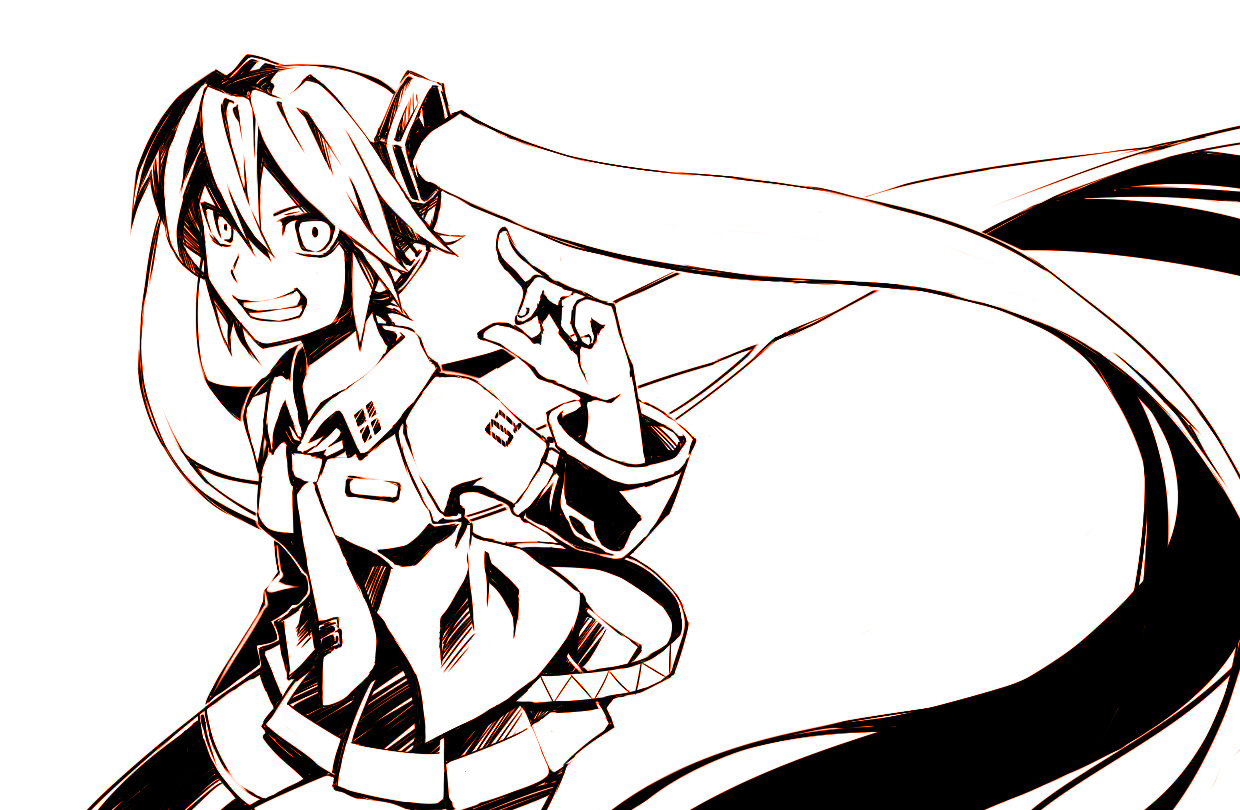 aisora, hatsune miku, vocaloid, bad id, bad pixiv id, 1girl, detached sleeves, female focus, grin, long hair, monochrome, red theme, smile, solo, thighhighs, twintails, very long hair