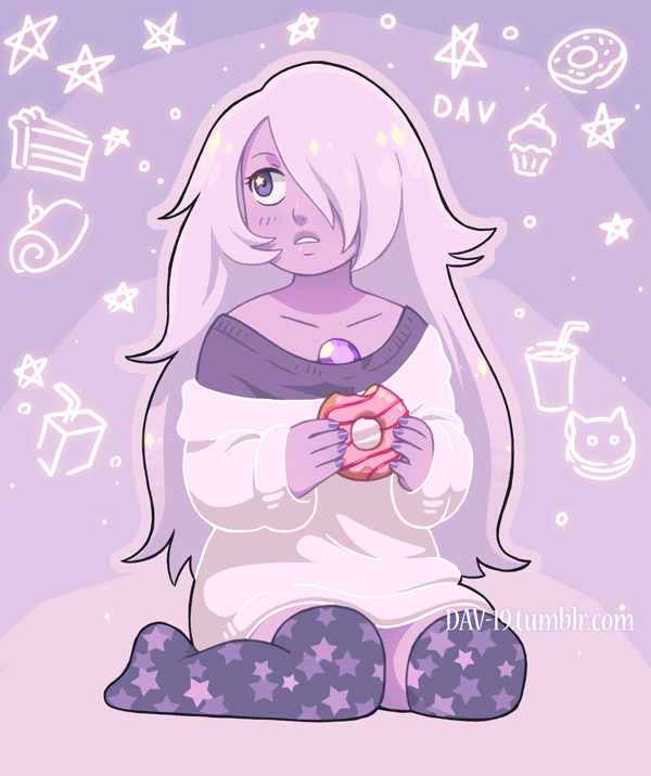 dav-19, amethyst (steven universe), steven universe, 1girl, alternate costume, colored skin, donut, food, gem, gem (steven universe), hair over one eye, long hair, purple gemstone, purple skin, solo