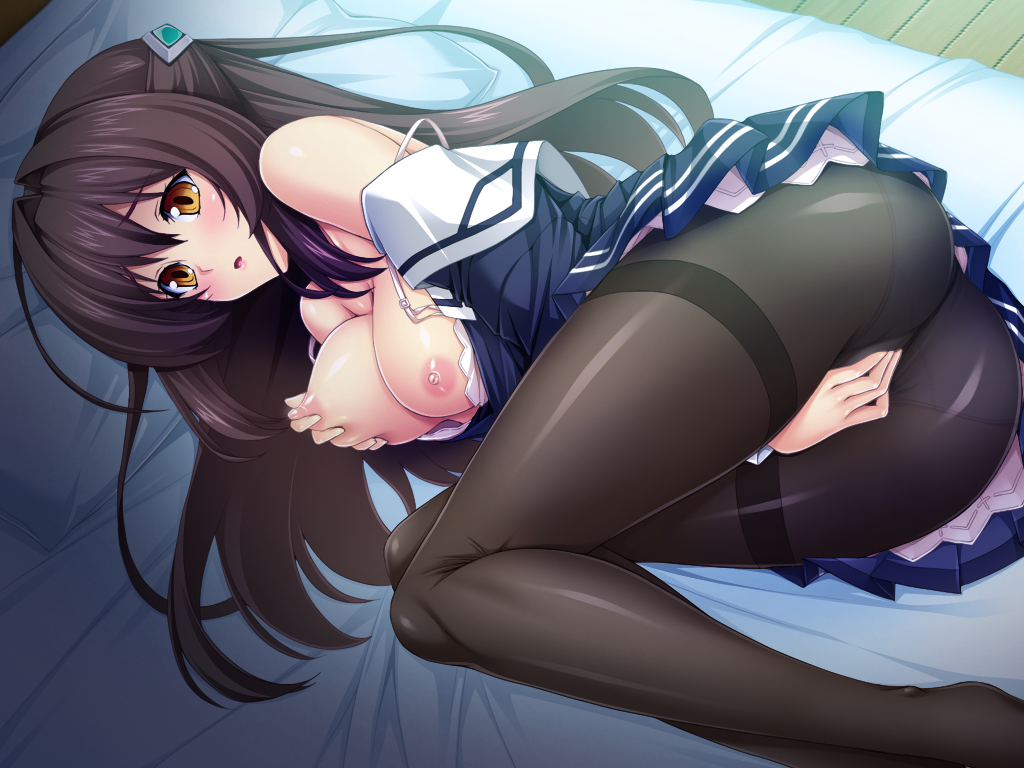 inoino, katsuragi marina, kouyoku senki exs-tia, game cg, non-web source, official art, variant set, 1girl, ass, bed, between legs, black hair, black pantyhose, blush, bra, bra pull, breasts, breasts out, brown eyes, clothed masturbation, clothes pull, crotch seam, dress, female masturbation, fingering, fingering through clothes, fingering through panties, grabbing own breast, hair intakes, hair ornament, hand between legs, large breasts, long hair, looking at viewer, lying, masturbation, masturbation through clothes, medium breasts, nipple stimulation, nipple tweak, nipples, off shoulder, on bed, on side, open mouth, panties, panties under pantyhose, pantyhose, pillow, sailor dress, school uniform, skirt, solo, strap slip, thighband pantyhose, through clothes, tweaking own nipple, underwear, white bra, white panties, yellow eyes
