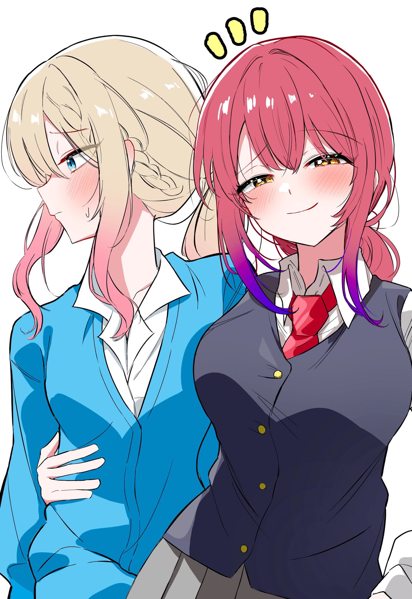 mizutori atori, suzukaze suzu, bad girl (manga), highres, !, !!, 2girls, blonde hair, blue eyes, blush, braid, hug from side, jay jay1519, long hair, looking to the side, multiple girls, necktie, orange eyes, red hair, school uniform, yuri