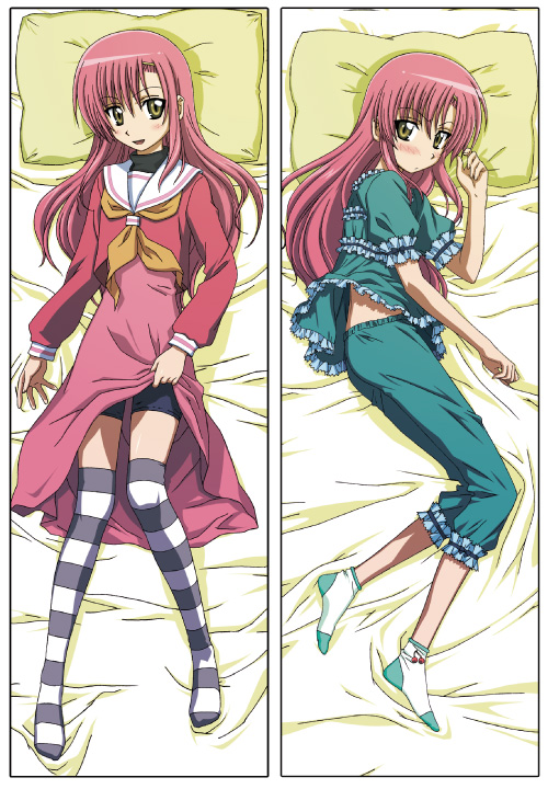 katsura hinagiku, hayate no gotoku!, 00s, 1girl, dakimakura (medium), lying, multiple views, pajamas, pillow, school uniform, serafuku, striped clothes, striped thighhighs, thighhighs