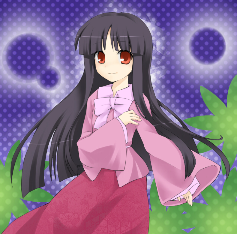aisora, houraisan kaguya, touhou, bad id, bad pixiv id, 1girl, black hair, female focus, long hair, red eyes, solo, standing