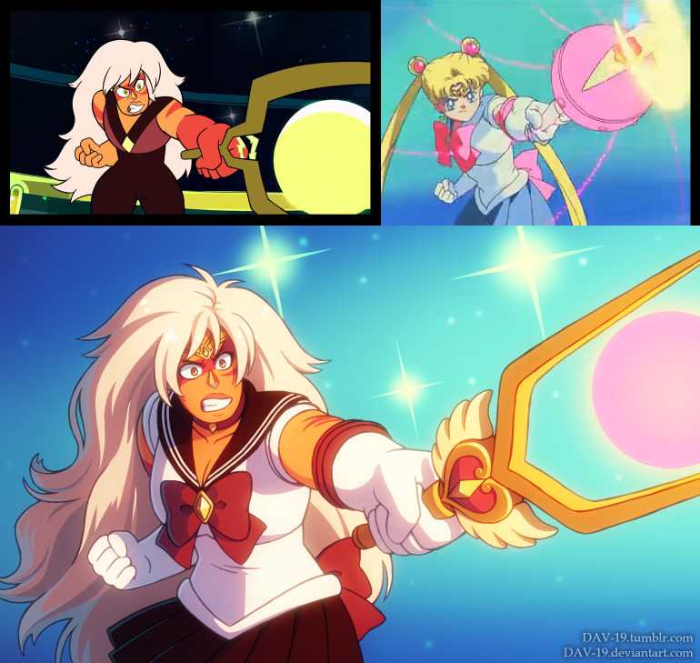 dav-19, jasper (steven universe), sailor moon, bishoujo senshi sailor moon, steven universe, derivative work, screenshot redraw, 1girl, alternate costume, artist name, black skirt, bow, circlet, colored skin, cosplay, gem destabilizer, holding, holding weapon, long hair, magical girl, orange skin, red bow, reference inset, sailor collar, sailor moon (cosplay), sailor senshi uniform, school uniform, serafuku, skirt, solo, teeth, watermark, weapon, web address