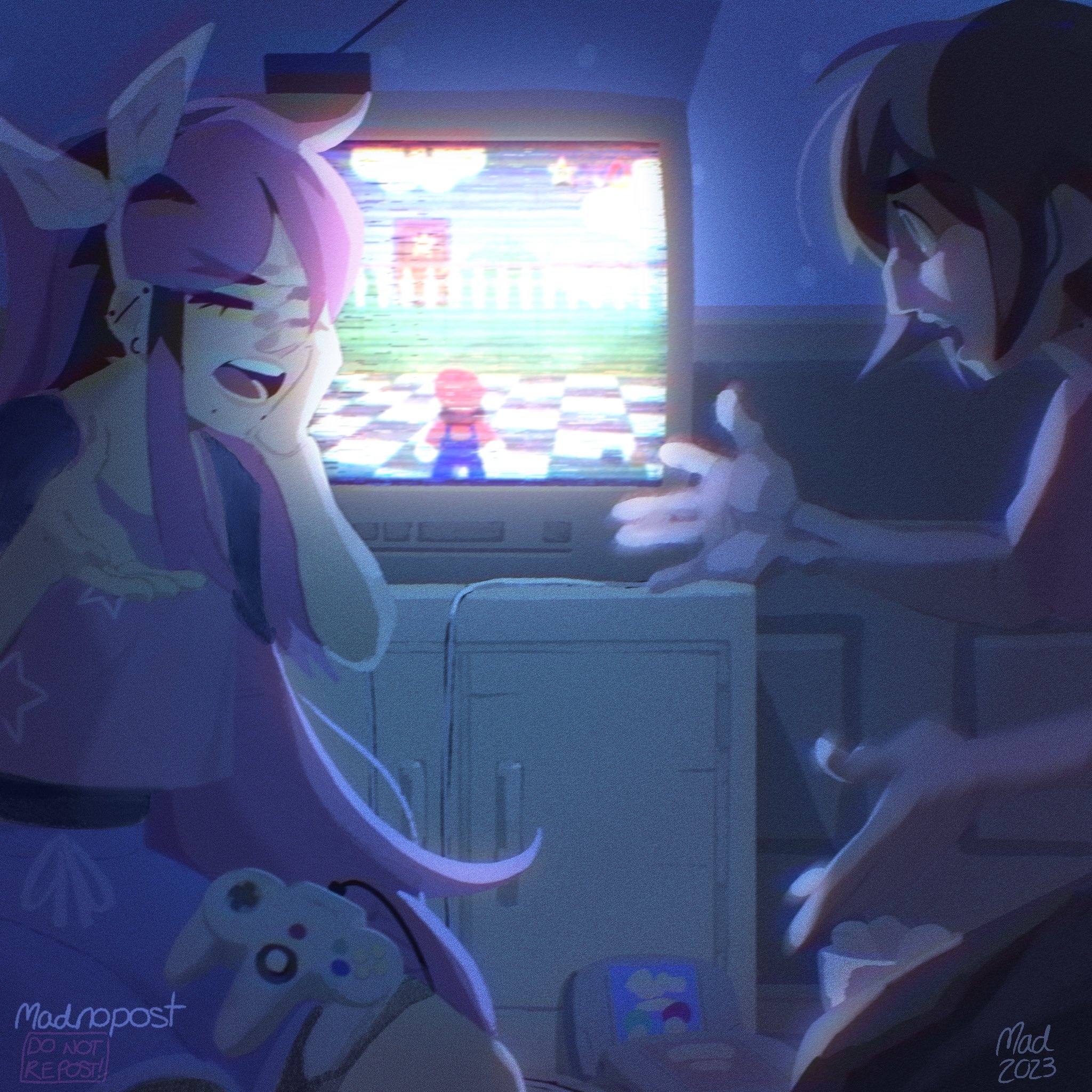 madnopost, aubrey (faraway) (omori), aubrey (omori), kel (faraway) (omori), kel (omori), mario, mario (series), nintendo, omori, super mario 64, highres, 1boy, 1girl, 2023, alternate costume, alternate hair color, alternate hairstyle, artist name, black hair, blue shorts, brown hair, closed eyes, controller, crt, dark-skinned male, dark skin, ear piercing, game console, game controller, hairband, indoors, looking at another, mole, mole under mouth, multicolored hair, nintendo 64, nintendo 64 controller, open mouth, piercing, pink hair, short sleeves, shorts, sitting, teeth, television, two-tone hair, white hairband
