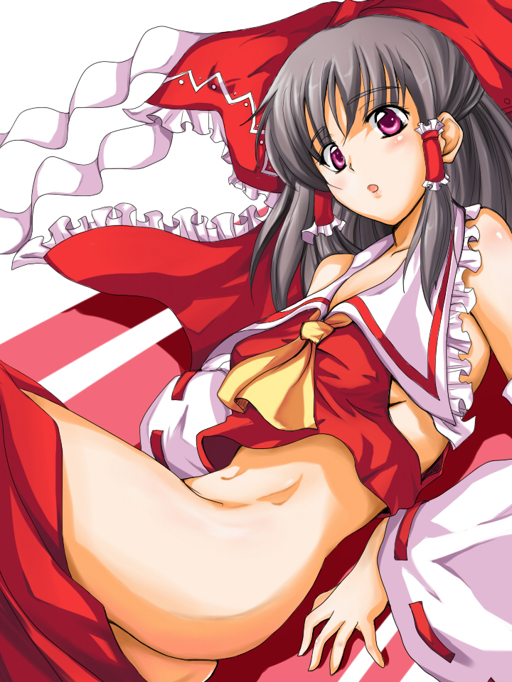 warabino matsuri, hakurei reimu, touhou, bad id, bad pixiv id, 1girl, :o, black hair, blush, clothes pull, detached sleeves, female focus, frills, gohei, grey hair, hair ribbon, japanese clothes, lips, long hair, miko, no bra, open mouth, pink eyes, ribbon, skirt, skirt pull, solo, thighs, undressing