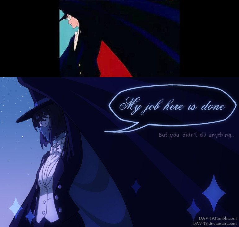 dav-19, lapis lazuli (steven universe), tuxedo kamen, bishoujo senshi sailor moon, steven universe, derivative work, screenshot redraw, 1girl, cape, cosplay, english text, hat, jacket, meme, my job here is done (meme), shirt, short hair, solo, tuxedo kamen (cosplay)