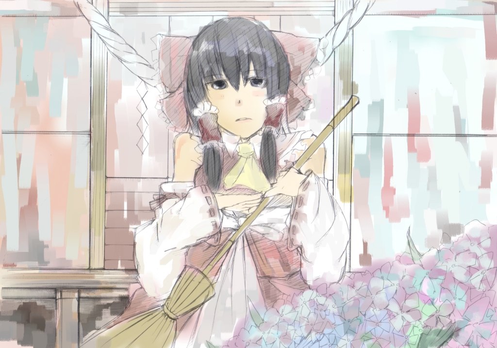 uwaraba, hakurei reimu, touhou, bad id, bad pixiv id, 1girl, ascot, broom, female focus, flower, japanese clothes, miko, nature, outdoors, plant, ribbon, solo, yellow ascot