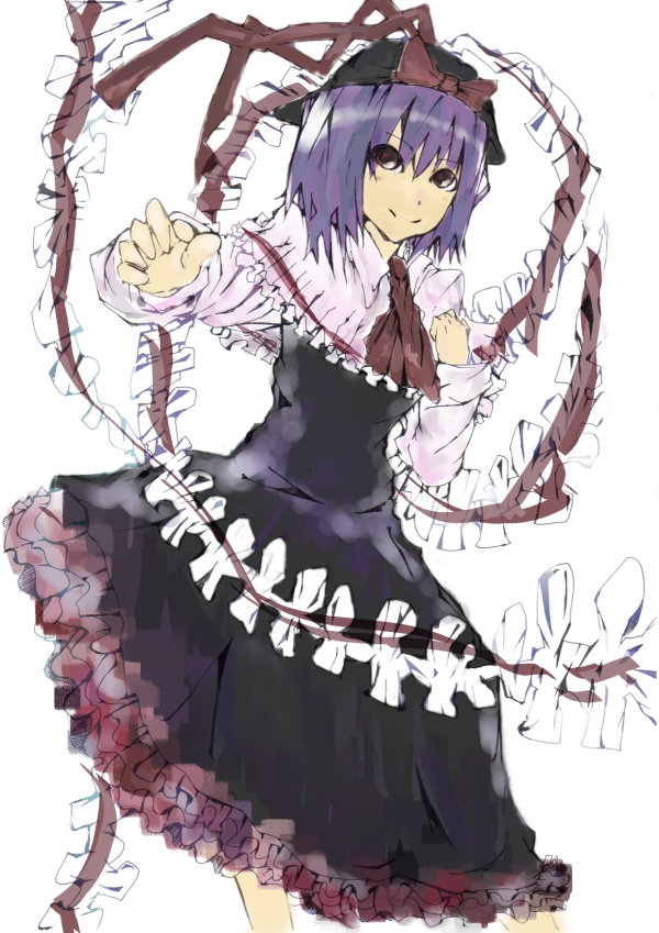 uwaraba, nagae iku, touhou, bad id, bad pixiv id, 1girl, female focus, hat, purple hair, ribbon, short hair, simple background, solo, standing, white background