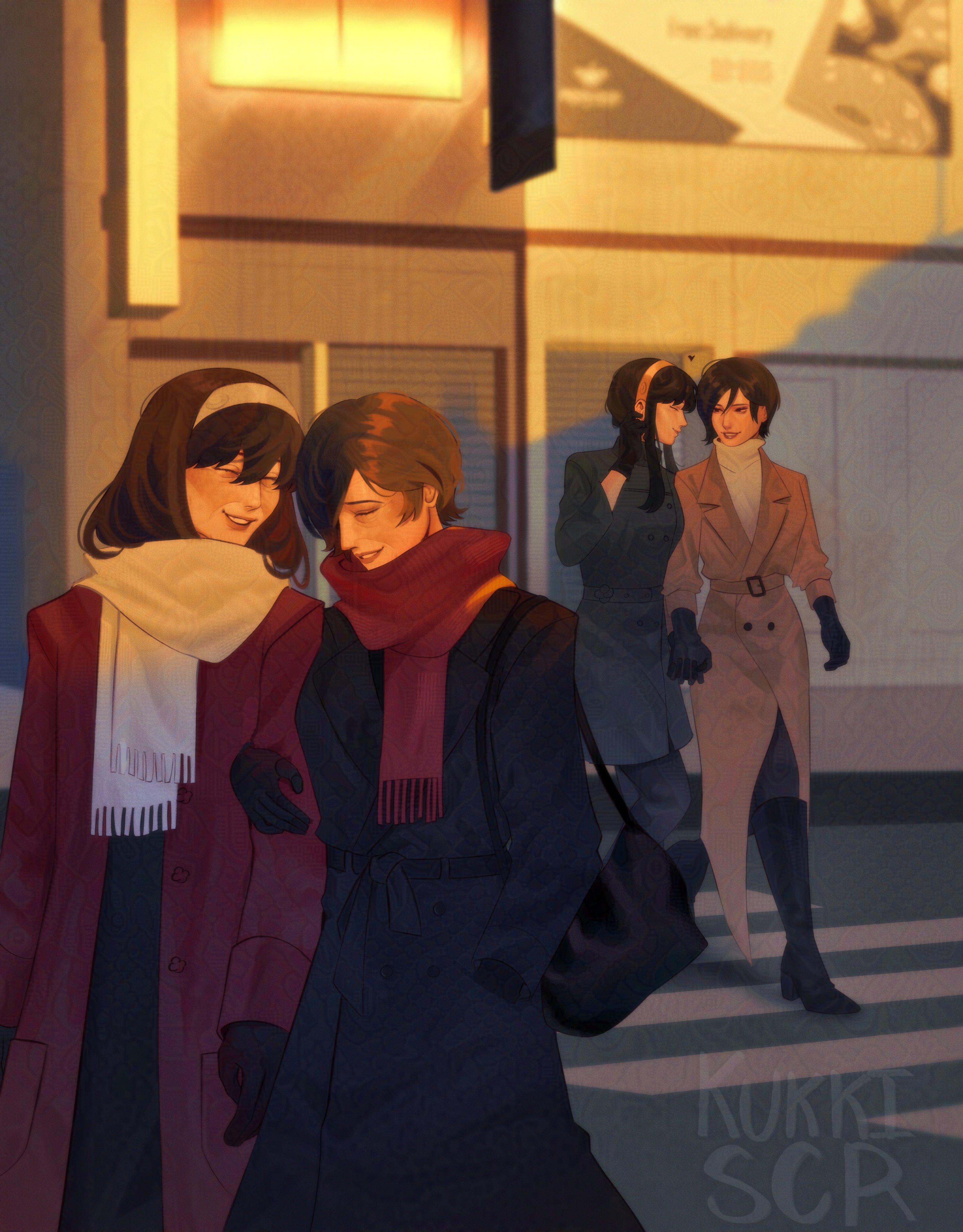 khessamaya, ada wong, yor briar, resident evil, resident evil 4, resident evil 4 (remake), spy x family, absurdres, highres, 2girls, age progression, black hair, blush, breasts, coat, couple, crossover, dress, earrings, evening, gloves, gold earrings, hair behind ear, hair ornament, holding hands, jewelry, locked arms, long hair, mature female, medium breasts, multiple girls, outdoors, parted lips, road, scarf, short hair, sidelocks, smile, street, sweater, turtleneck, walking, winter clothes, yuri