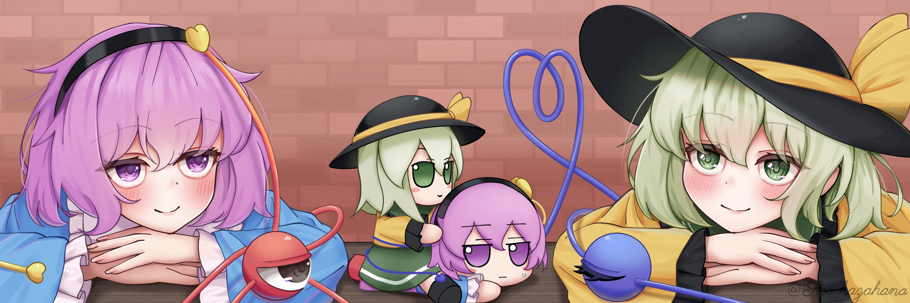 soo kazahana, komeiji koishi, komeiji satori, touhou, commentary request, highres, 2girls, black hat, blue shirt, blush, character doll, closed mouth, collared shirt, doll, eyeball, frilled shirt collar, frilled sleeves, frills, fumo (doll), green eyes, green hair, hair ornament, hairband, hat, hat ribbon, head rest, heart, heart hair ornament, heart of string, long sleeves, multiple girls, pink eyes, pink hair, ribbon, shirt, siblings, sisters, smile, third eye, wide sleeves, yellow ribbon, yellow shirt
