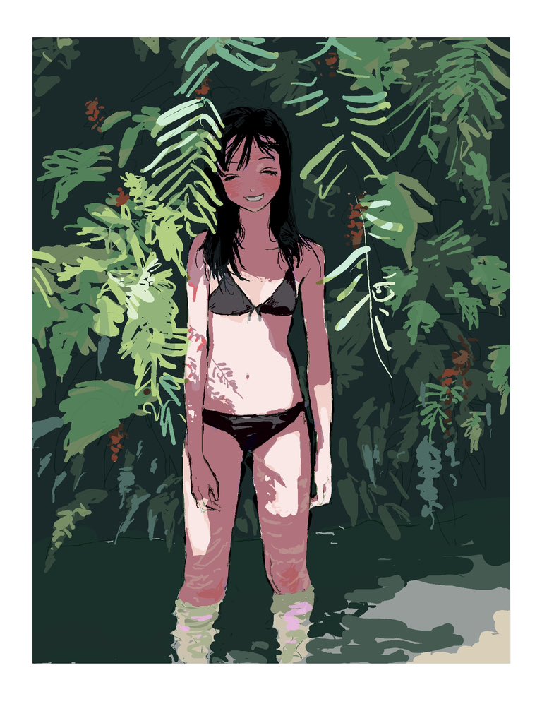 bo oj0916, original, art study, commentary, english commentary, 1girl, arms at sides, bikini, black bikini, black hair, border, breasts, closed eyes, english text, facing viewer, grin, long hair, outdoors, plant, small breasts, smile, solo, swimsuit, wading, white border