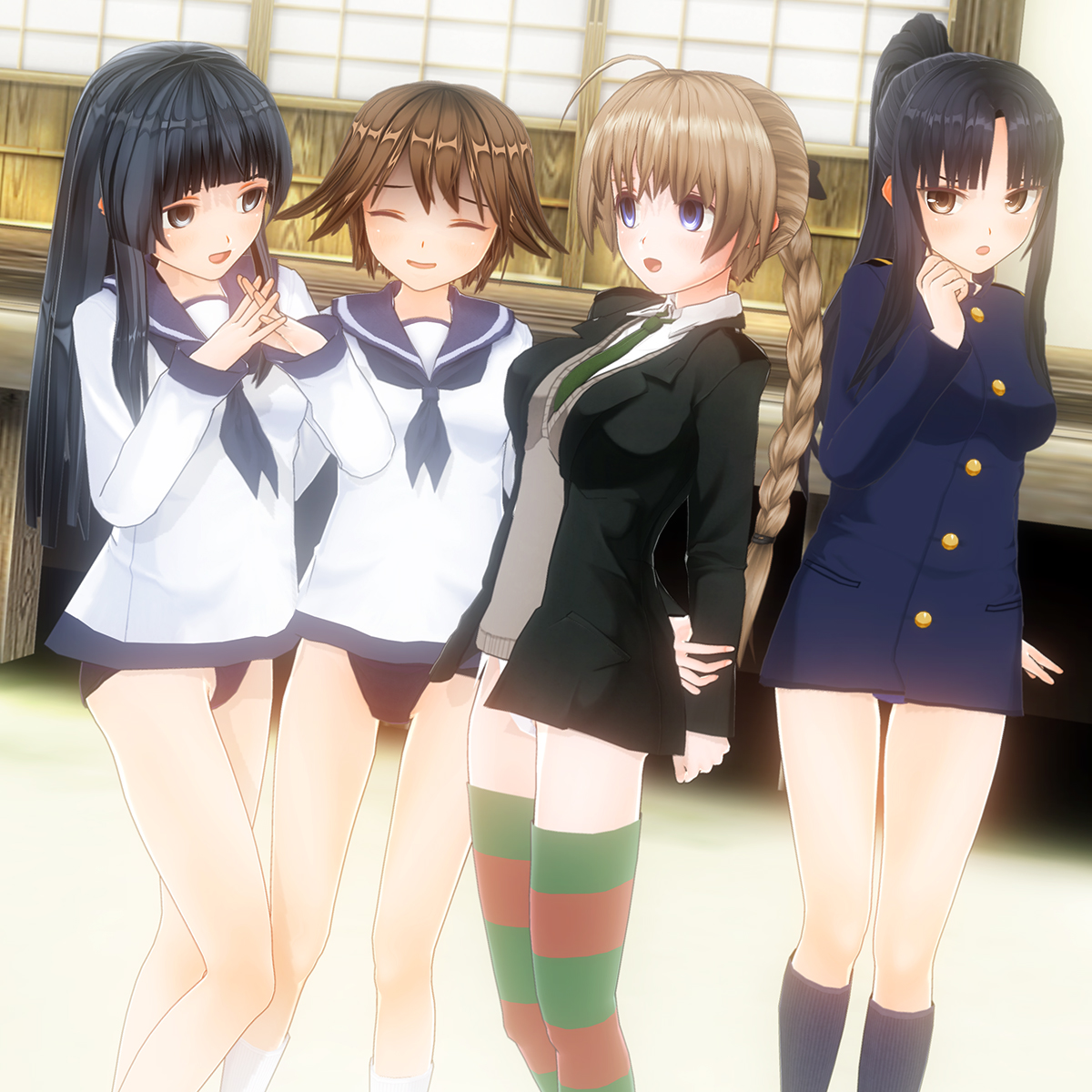 hattori shizuka, lynette bishop, miyafuji yoshika, yamakawa michiko, strike witches, strike witches: aurora no majo, world witches series, blender (medium), highres, 3d, 4girls, armoredhearts, bare legs, empty eyes, multiple girls, partially shaded face, sailor collar, shouji, sliding doors, yuri