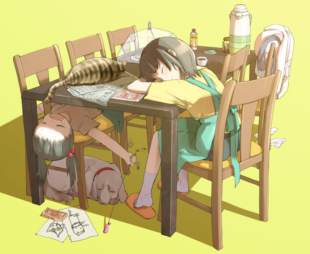 harepore, messy, white legwear, bad id, bad pixiv id, 2girls, apron, blouse, cat, chair, child, child's drawing, cup, dog, head rest, multiple girls, orange slippers, serving dome, shirt, sitting, sleeping, slice of life, slippers, socks, table, teacup, yellow background, yellow shirt