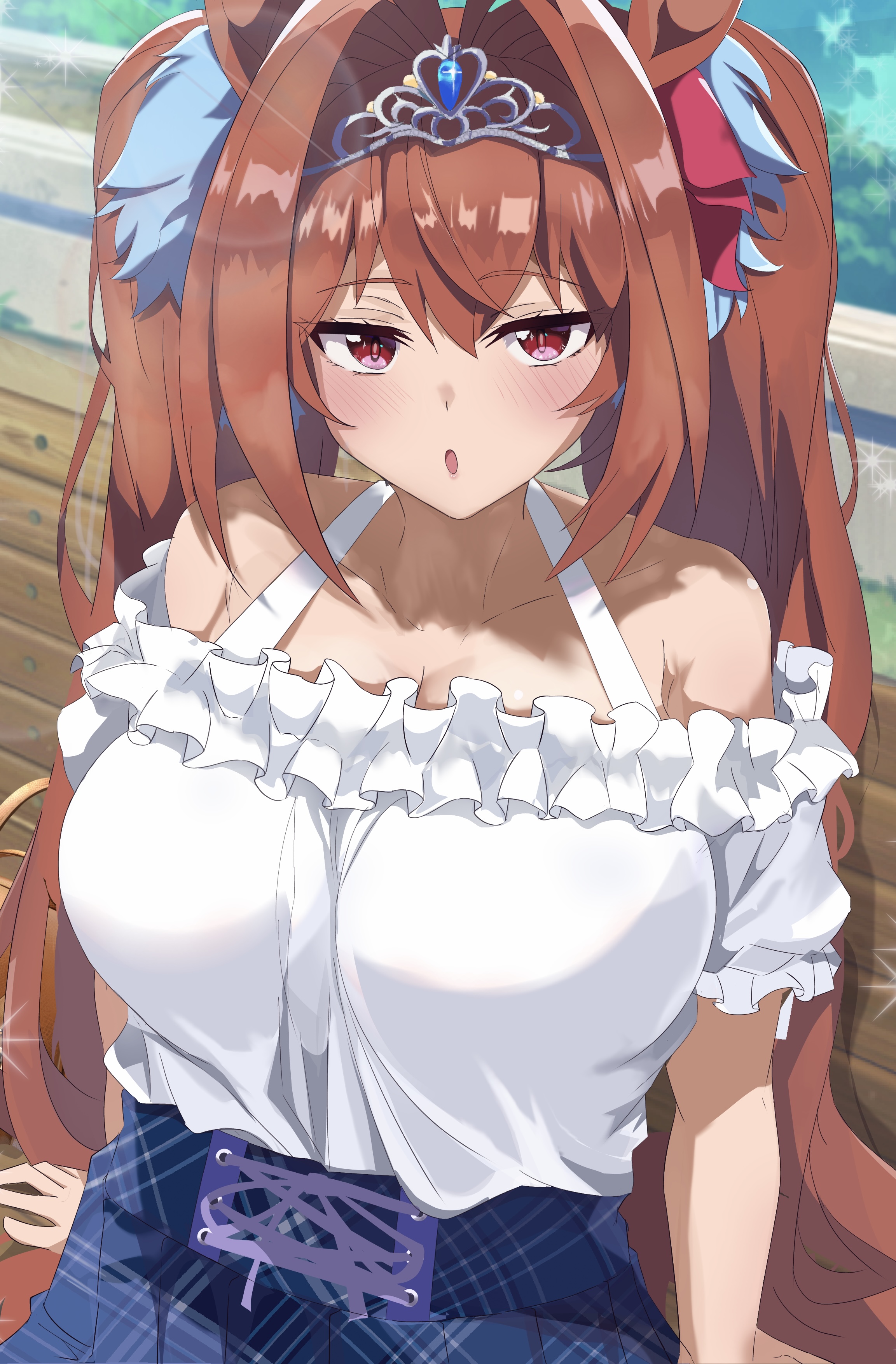 ekazawa sdvx, daiwa scarlet (umamusume), umamusume, absurdres, commentary request, highres, 1girl, animal ears, bare shoulders, bench, blue skirt, blush, breasts, brown hair, casual, cleavage, crown, frilled shirt, frills, hair between eyes, hair intakes, high-waist skirt, horse ears, horse girl, huge breasts, long hair, looking at viewer, off-shoulder shirt, off shoulder, on bench, open mouth, red eyes, shirt, sidelocks, sitting, skirt, solo, tiara, twintails, white shirt