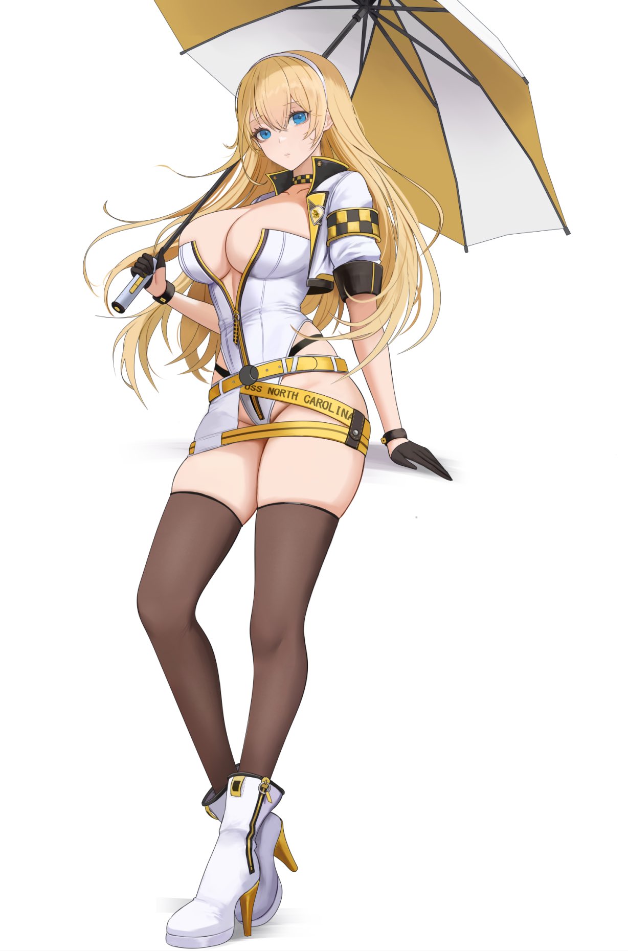 kcar66t, north carolina (azur lane), azur lane, highres, 1girl, arm strap, belt, blonde hair, blue eyes, choker, full body, gloves, hairband, high heels, jacket, leotard, long hair, looking at viewer, multiple belts, race queen, skindentation, solo, thighhighs, umbrella