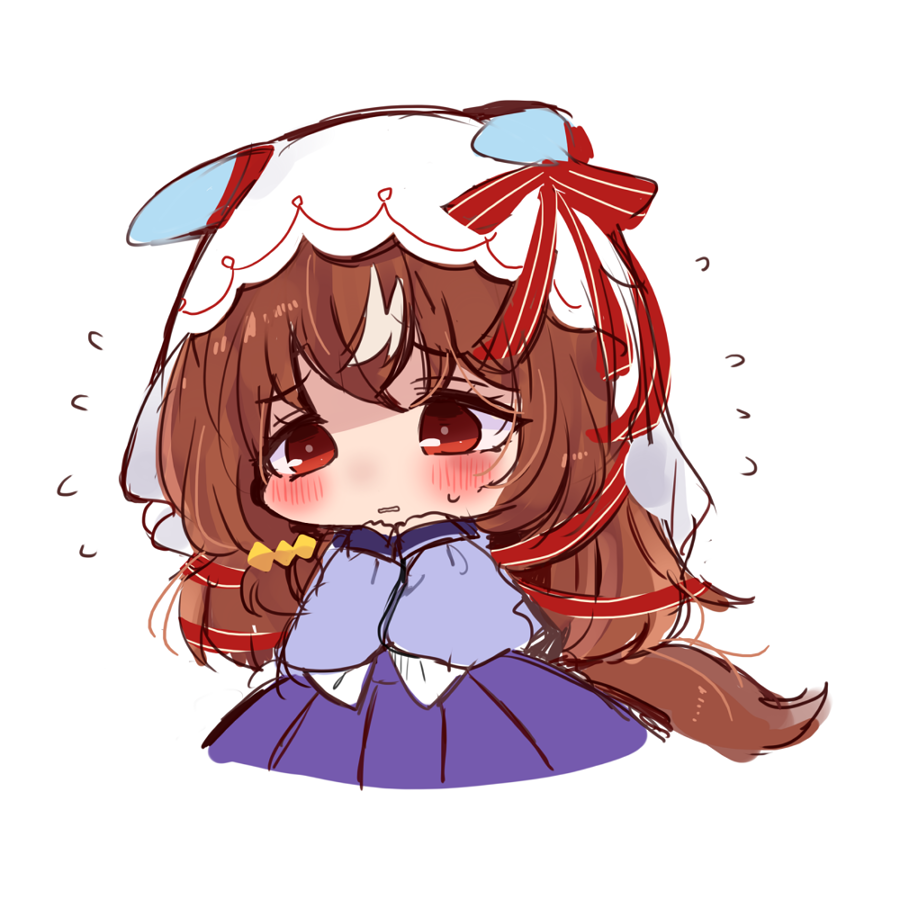 chiyakobu, still in love (umamusume), umamusume, 1girl, animal ears, blush, brown hair, hands on own face, horse ears, horse girl, horse tail, long hair, parted lips, purple shirt, purple skirt, school uniform, shirt, skirt, solo, sweatdrop, tail, tracen school uniform, veil, white veil