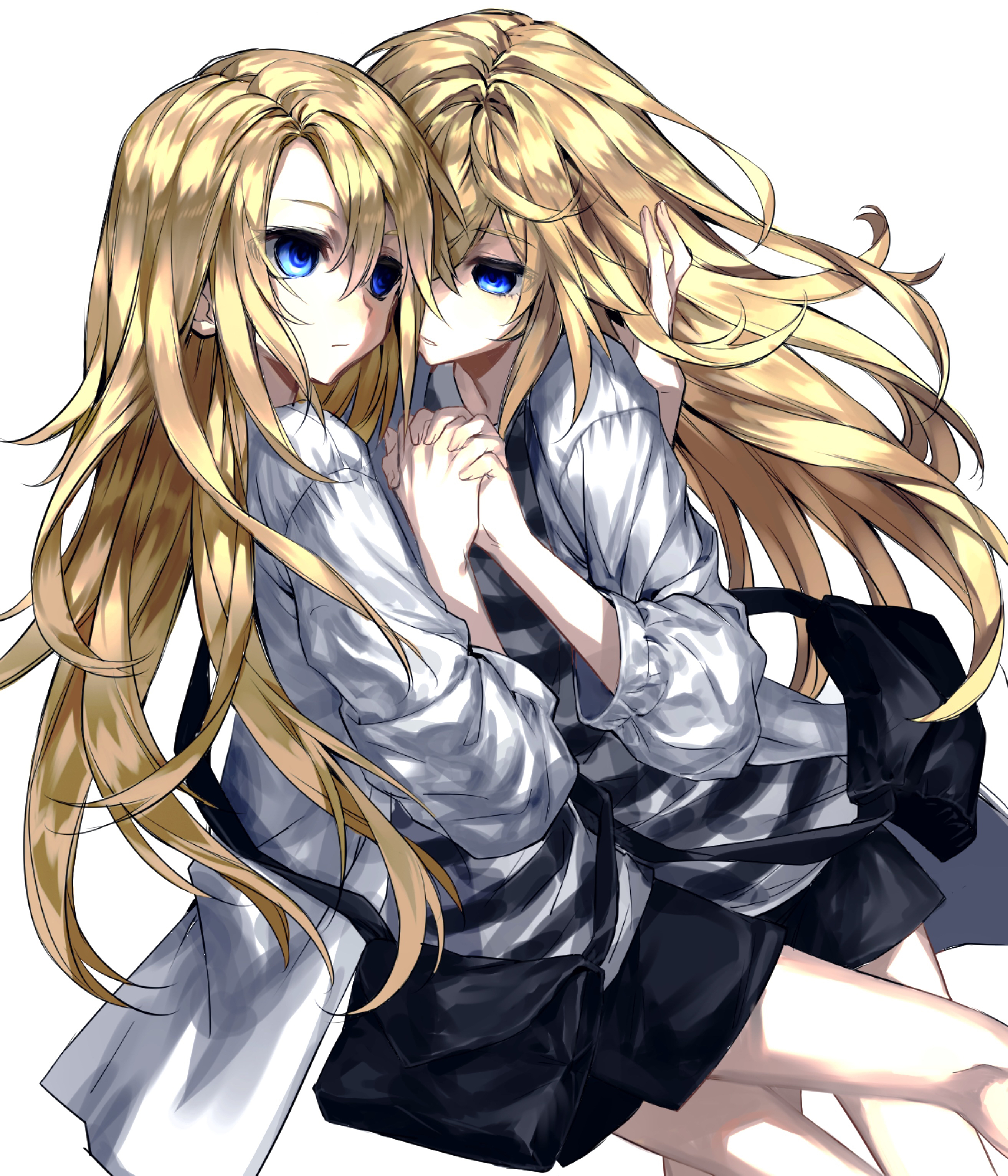 jcwlg, rachel gardner, satsuriku no tenshi, absurdres, chinese commentary, commentary request, highres, 2girls, black shirt, black shorts, blonde hair, blue eyes, clone, closed mouth, expressionless, hair between eyes, hand in another's hair, holding hands, jacket, long hair, multiple girls, open clothes, open jacket, shirt, shorts, simple background, striped clothes, striped shirt, two-tone shirt, white background, white jacket, white shirt