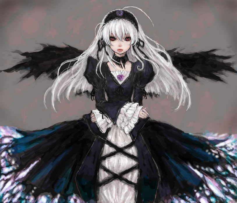 ponsuke (pon00000), suigintou, rozen maiden, bad id, bad pixiv id, 00s, 1girl, albino, black wings, dress, female focus, frills, gothic lolita, hair ribbon, hairband, lolita fashion, long hair, red eyes, ribbon, solo, white hair, wings
