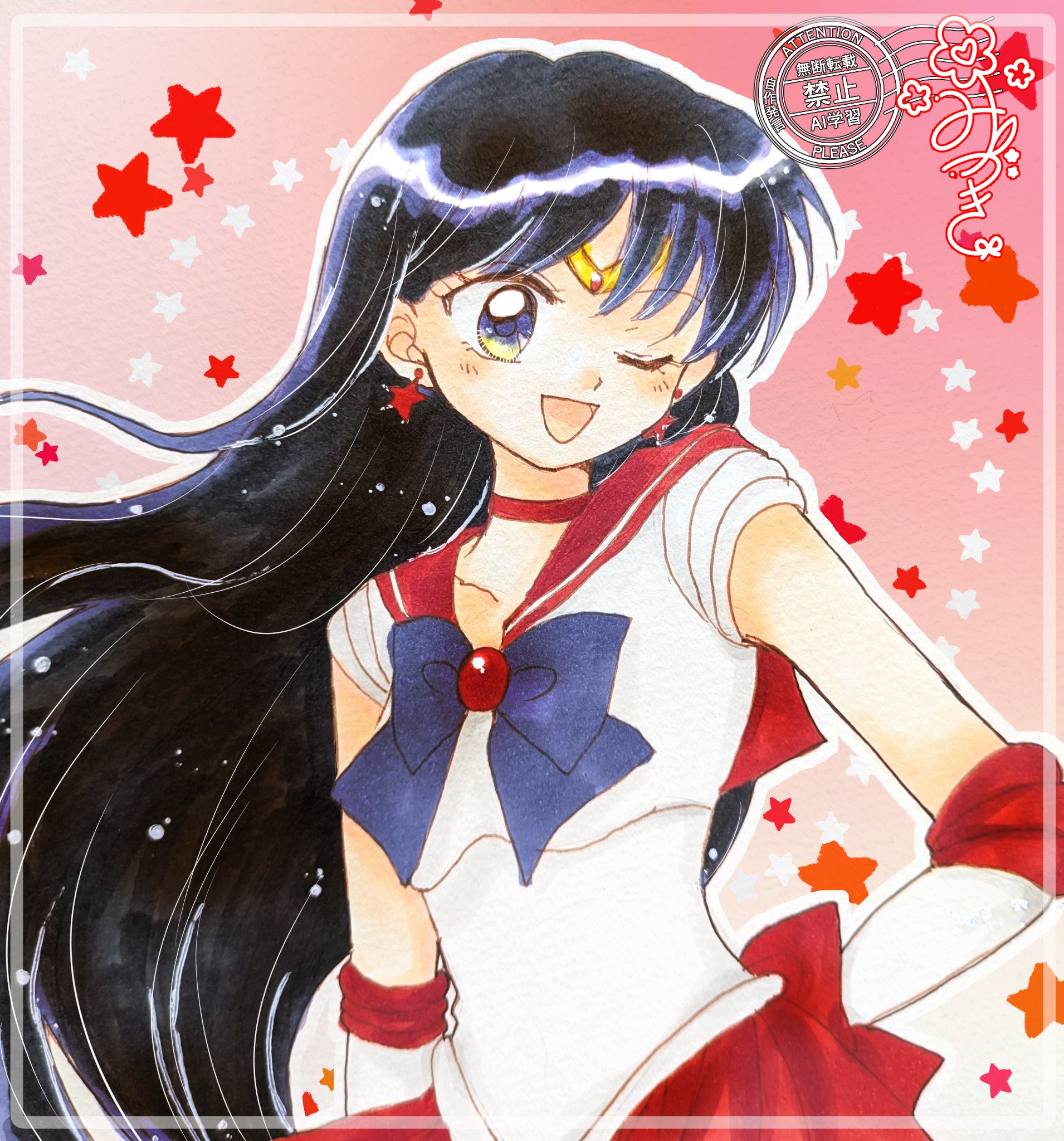 fukatsuki mizuki, hino rei, sailor mars, bishoujo senshi sailor moon, highres, traditional media, 1girl, back bow, black hair, blonde hair, bow, choker, collarbone, earrings, elbow gloves, gloves, jewelry, long hair, magical girl, one eye closed, pleated skirt, purple eyes, red choker, red sailor collar, red skirt, sailor collar, sailor senshi uniform, skirt, smile, solo, star (symbol), star earrings, white gloves