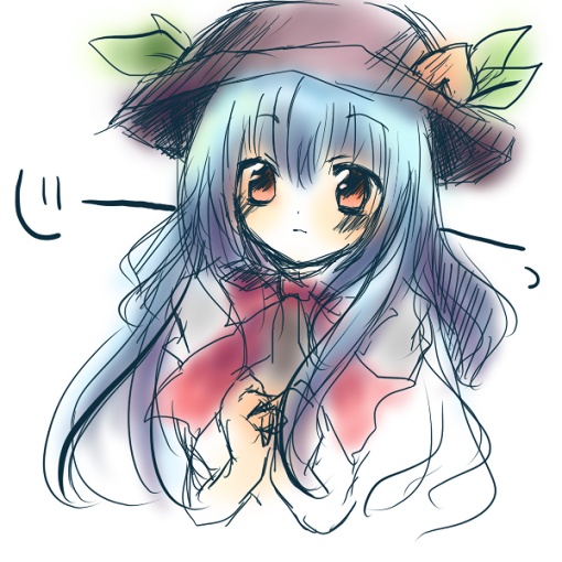 kohinata raichi, hinanawi tenshi, touhou, bad id, bad pixiv id, 1girl, blue hair, female focus, food, fruit, hat, peach, solo