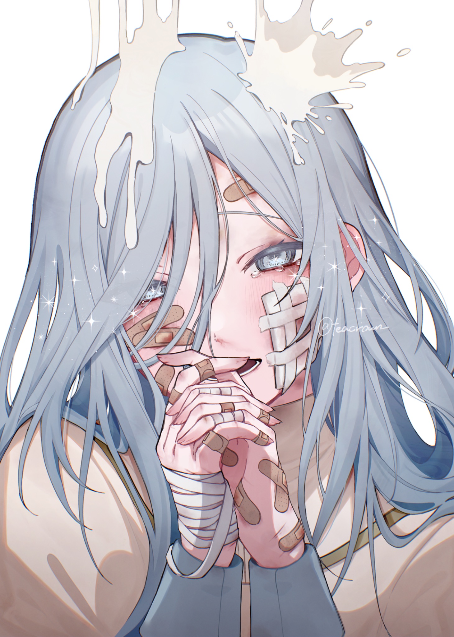 teacrown, hinomori shizuku, project sekai, commentary request, highres, 1girl, bandaged hand, bandages, bandaid, bandaid on cheek, bandaid on face, bandaid on finger, bandaid on forehead, bandaid on hand, blood, blood censor, blue eyes, blue hair, blush, bruise, bruise on face, bruise on hand, bruise on neck, crying, crying with eyes open, fingernails, gauze, gauze on cheek, hair between eyes, hair over one eye, hands up, injury, long fingernails, long hair, long sleeves, looking at viewer, nosebleed, open mouth, own hands clasped, own hands together, shirt, sidelocks, solo, sparkle, tearing up, tears, teeth, tsurime, twitter username, upper body, white background, white blood, yellow shirt