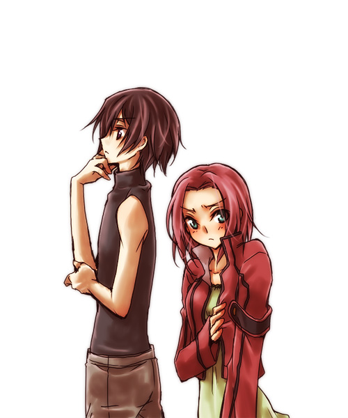 mecco, kouzuki kallen, lelouch vi britannia, code geass, 00s, 1boy, 1girl, bare shoulders, blush, brown hair, couple, from side, green eyes, jacket, pink hair, profile, short hair, simple background, standing, sweater vest, turtleneck, white background
