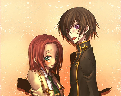 mecco, kouzuki kallen, lelouch vi britannia, code geass, lowres, 00s, brown hair, green eyes, gun, knife, necktie, purple eyes, red hair, school uniform, serafuku, weapon