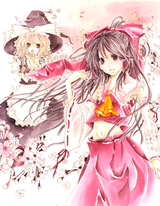 tomoe (pixiv), hakurei reimu, kirisame marisa, touhou, bad id, bad pixiv id, 2girls, blonde hair, female focus, flower, hat, japanese clothes, long hair, miko, multiple girls, navel, plant, ribbon, skirt, white background