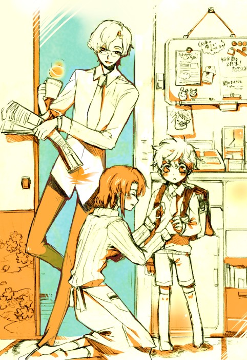 cecile croomy, kururugi suzaku, lloyd asplund, code geass, 00s, 1girl, 2boys, :d, aged down, apron, backpack, bag, blush, book, boots, breasts, child, clock, collared shirt, cup, disposable cup, door, family, floral print, full body, glasses, holding, holding cup, indoors, kitchen, knee boots, kneeling, large breasts, leg up, long sleeves, monochrome, mug, multiple boys, necktie, newspaper, no shoes, open mouth, orange theme, pants, partially colored, randoseru, refrigerator, ribbed sweater, rimless eyewear, shirt, short hair, shorts, smile, standing, standing on one leg, steam, sweater, turtleneck, turtleneck sweater, watch, wing collar, wristwatch