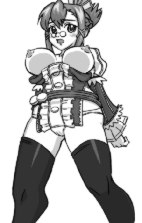 chime, clavat, selkie, final fantasy, final fantasy crystal chronicles, final fantasy crystal chronicles: my life as a king, 1girl, breasts, female focus, greyscale, large breasts, monochrome, nipples, panties, short hair, simple background, solo, thighhighs, underwear