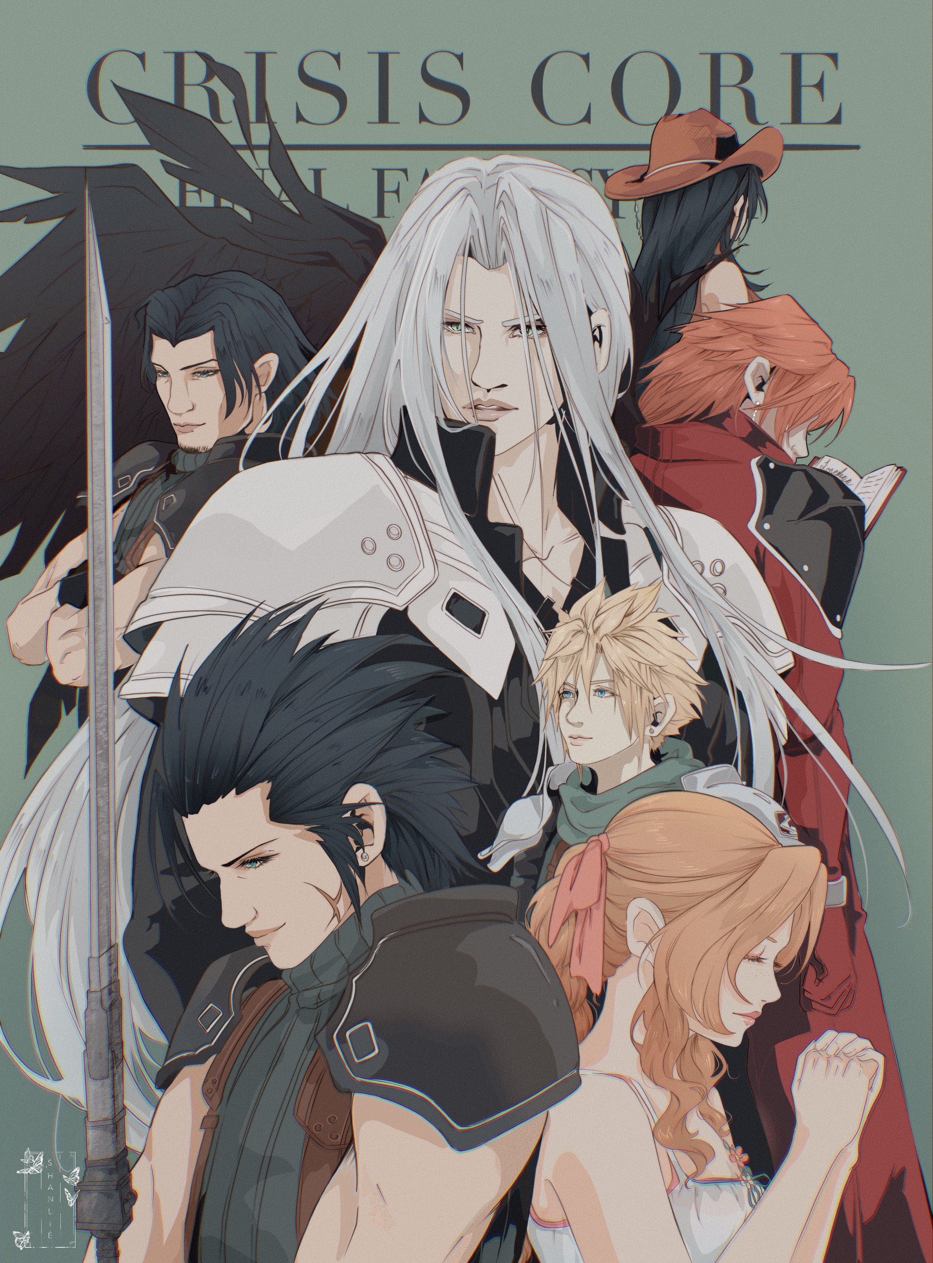shanlieart, aerith gainsborough, angeal hewley, cloud strife, genesis rhapsodos, sephiroth, tifa lockhart, zack fair, crisis core final fantasy vii, final fantasy, final fantasy vii, absurdres, highres, 2girls, 5boys, aqua eyes, armor, beard, black coat, black gloves, black hair, black wings, blonde hair, blue shirt, braid, braided ponytail, brown hair, closed eyes, coat, copyright name, cowboy hat, cross scar, crossed arms, dress, facial hair, facial scar, feathered wings, gloves, green scarf, grey hair, hair ribbon, hair slicked back, hat, holding, holding sword, holding weapon, long coat, long hair, multiple boys, multiple girls, own hands clasped, own hands together, parted bangs, pauldrons, pink ribbon, red coat, ribbon, scar, scar on cheek, scar on face, scarf, shinra infantry uniform, shirt, short hair, shoulder armor, sideburns, sidelocks, single wing, sleeveless, sleeveless dress, sleeveless turtleneck, suspenders, sword, turtleneck, upper body, weapon, wings